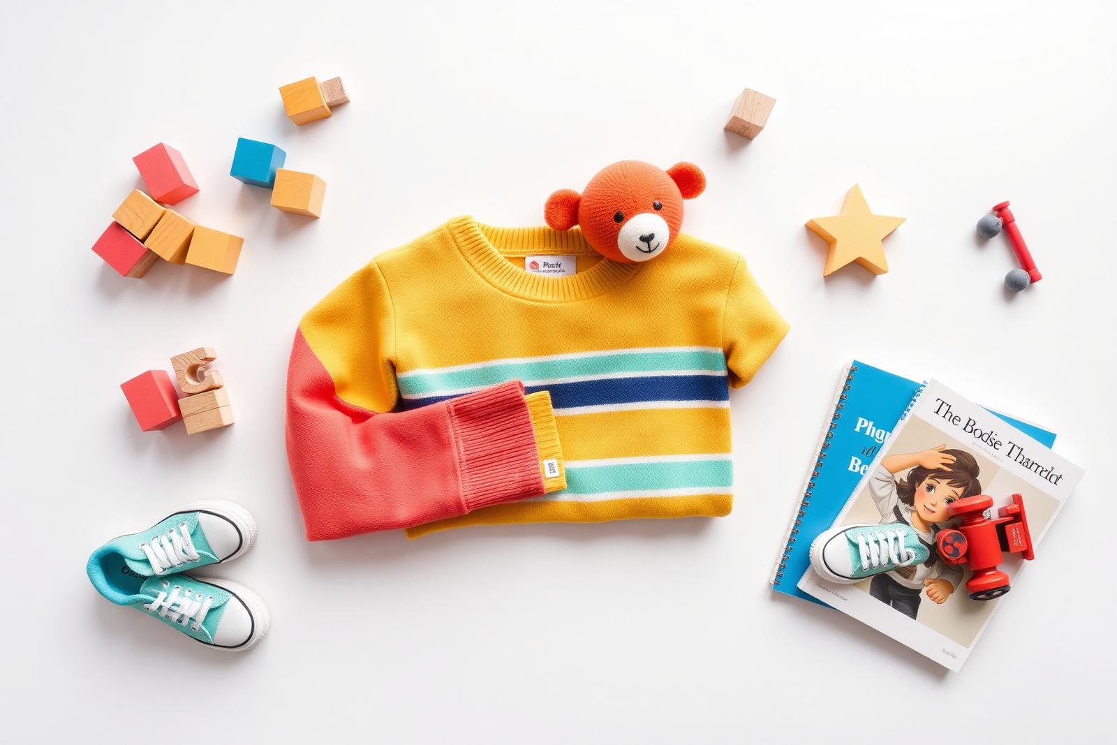 A colourful flat-lay of Kids Bay toys, clothing and books